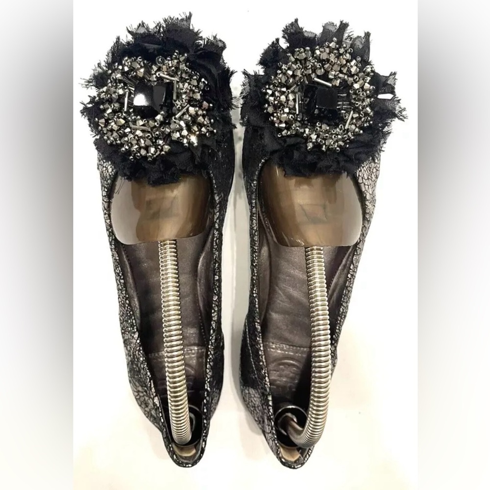 Tory Burch Leather Ballet Flats Rhinestone Tulle  Silver Womens 6 never worn